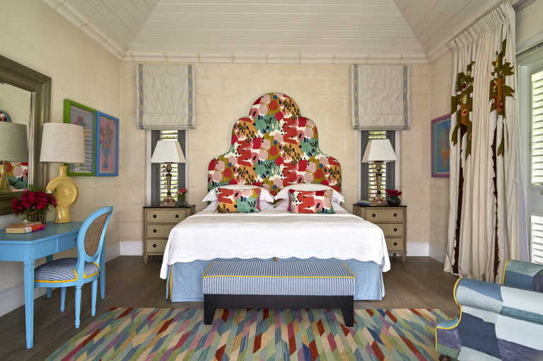 A front on image of the bed, in Bedroom 2. At Rossferry, the Carribean Property managed by Firmdale.