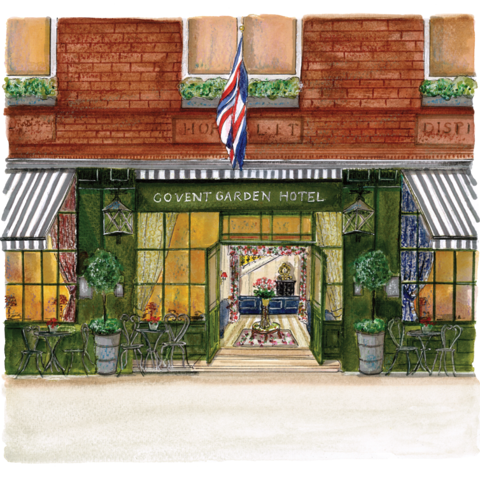 A watercolor-style illustration of Covent Garden Hotel London exterior.