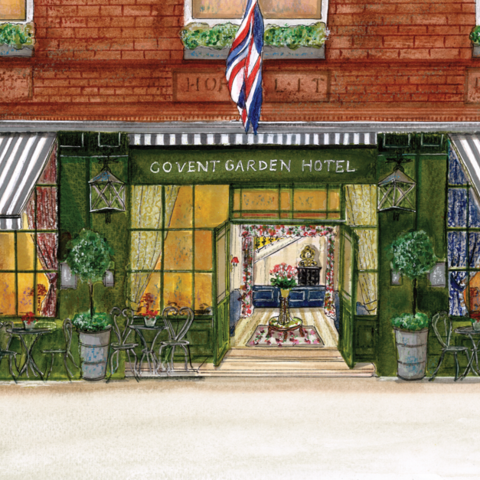 A watercolor-style illustration of Covent Garden Hotel London exterior.