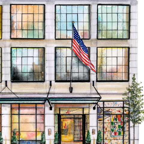 A watercolor-style illustration of The Whitby Hotel New York exterior.