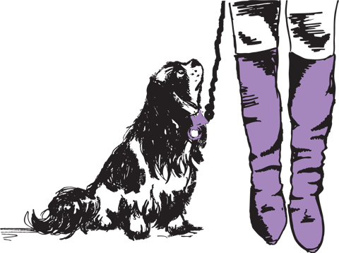 Crosby Street Hotel icon. An animated poster of a Dog and a Lady in purple boot