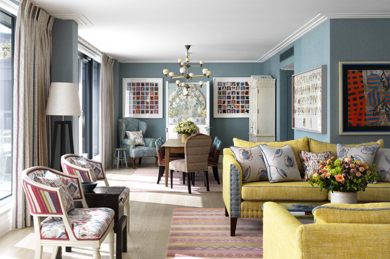 Wide living room shot of room 502, the Terrace Suite at Ham Yard Hotel