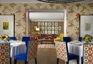 Round dining tables set-up in the Fortune private events room and lounge set up in Lyric room at Covent Garden Hotel