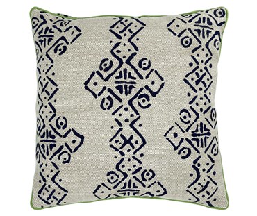 Kit Kemp's Mali fabric designed for Blithfield, in natural linen, with it's geometric indigo print, forming broad stripes of simplified diamonds, and crosses, combined with contrasting green piping, refreshes any room scheme with its clean pattern.