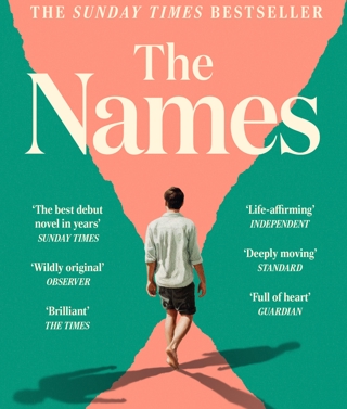 The front cover of 'The Names' by Florence Knapp. The back of a man can be seen walking down a pink path with turquoise surrounding it and white text written over the top