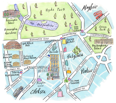An illustrated map of Knightsbridge surrounding Knightsbridge Hotel. Larger fonts and icons signify key areas including Harrods, Buckingham Palace, Green Park and Belgravia and nearby underground stations