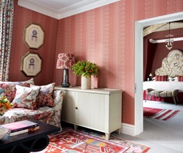 A view through from the living space through to the bedroom in the two bed terrace suite at Covent Garden Hotel