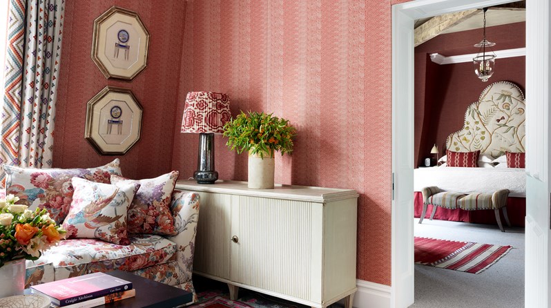 A view through from the living space through to the bedroom in the two bed terrace suite at Covent Garden Hotel