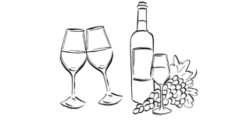 Black outline illustration of a two glasses of wine and a bottle of wine and a glass on a transparent background