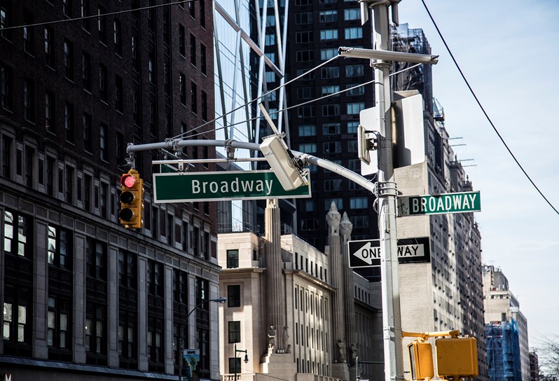 One of New York's many, well recognized road crossings, here showing a street crossing Broadway.