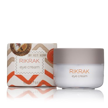 Packaging box and tub of RikRak eye cream 15ml. Label has an orange and grey rack design applied.