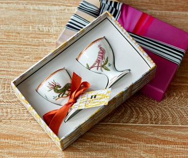 Kit Kemp for Wedgwood. A pair of Mythical Creatures egg cups in a colourful presentation box.