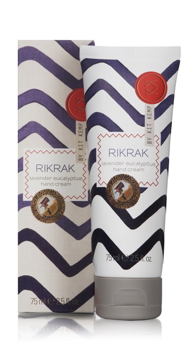 Packaging box and tube of RikRak Lavender Eucalyptus hand cream 75ml. Label has a blue rick rack design applied.
