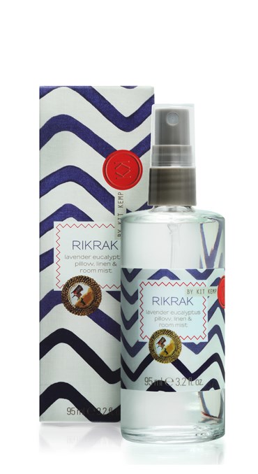 A 95ml plastic bottle of room mist with spray pump scented with Lavender Eucalyptus. Label has a blue rick rack design applied.