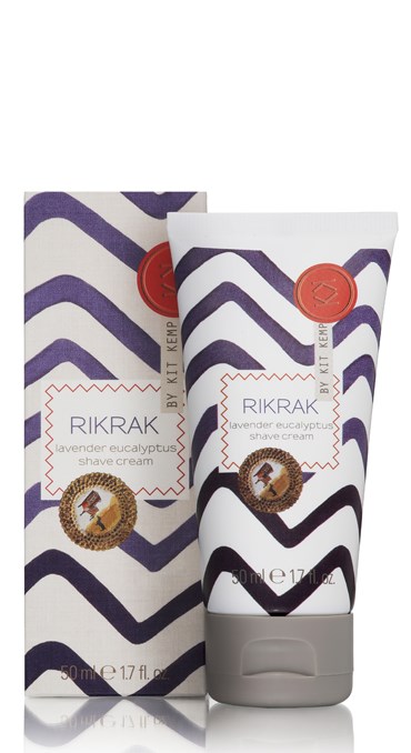 Packaging box and 50ml tube of RikRak Lavender Eucalyptus shave cream. Label has a blue rick rack design applied.