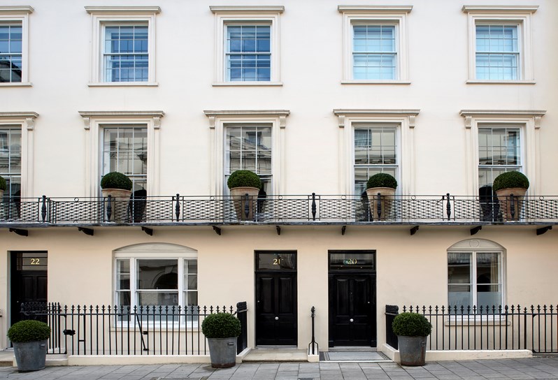 View straight on to Haymarket's townhouse private entrance.