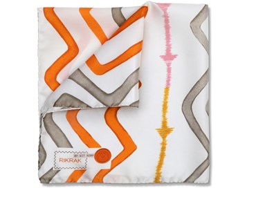 Partially folded hand made silk pocket square in Kit Kemp's Rick Rack design for Christopher Farr. With orange and grey colours.