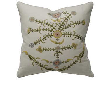 Kit Kemp for Chelsea Textiles. Suzani square cushion with hand embroidered leaf design in pastel colours