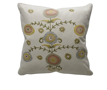 Kit Kemp for Chelsea Textiles. Suzani square cushion with hand embroidered flower design in pastel colours