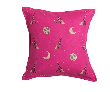 Kit Kemp for Chelsea Textiles. A square hand embroidered cushion featuring Kit Kemp's moondog design in pink colour. The design shows a whimsical dog wishing upon a star with the moon shining down upon him.