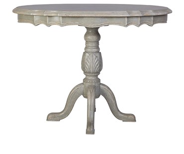 Hand carved and hand painted acanthus pedestal table in French grey with light distress on edges.