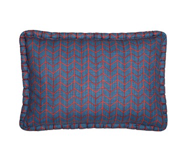 Kit Kemp for Christopher Farr. A rectangular linen cushion featuring Kit Kemp's geometric Small Way design in the colour berry.