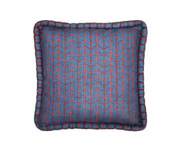 Kit Kemp for Christopher Farr. A square linen cushion featuring Kit Kemp's geometric Small Way design in the colour berry.