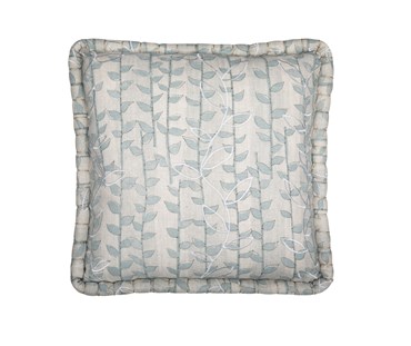 Kit Kemp for Christopher Farr. A square linen cushion featuring Kit Kemp's leafy design Tea Leaf in the colour aqua. This cushion has aqua and light tones and a beautiful white embroidery on top of the leafy pattern.