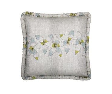 Kit Kemp for Christopher Farr. A square linen cushion featuring Kit Kemp's design Daisy Chain in the colour aqua. Features a flower chain in the middle of the cushion with an embroidery detail on the centre of each flower. With light grey and aqua tones.