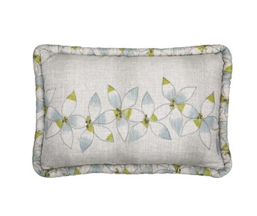 Kit Kemp for Christopher Farr. A rectangular linen cushion featuring Kit Kemp's design Daisy Chain in the colour aqua. Features a flower chain in the middle of the cushion with an embroidery detail on the centre of each flower. With light grey and aqua tones.