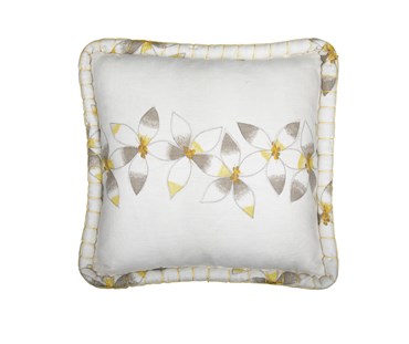 Kit Kemp for Christopher Farr. A square linen cushion featuring Kit Kemp's design Daisy Chain in the colour lemon. Features a flower chain in the middle of the cushion with an embroidery detail on the centre of each flower. With white and yellow tones.