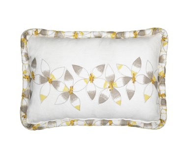 Kit Kemp for Christopher Farr. A rectangular linen cushion featuring Kit Kemp's design Daisy Chain in the colour lemon. Features a flower chain in the middle of the cushion with an embroidery detail on the centre of each flower. With white and yellow tones.