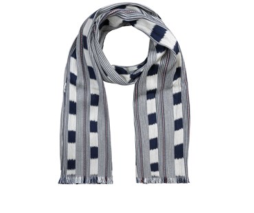 Kit Kemp for Christopher Farr. A long scarf in indigo colour, dark navy blue and cream lines are interrupted by alternating boxes and dotted red and white lines. Produced in Kit Kemp's Lost and Found fabric.