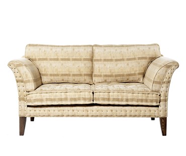 Willow Sofa, upholstered in Kit Kemp for Christopher Farr 'Loom Weave' in natural, with natural stitch detail; legs in 'Haymarket Grey' timber finish, with chrome studding at the top of the leg