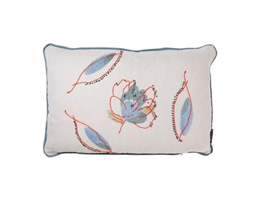 A square rain shadow blue leaf cushion with a combination of chain stitch and stem stitch in shades of cool blues with greys alongside a deep orange accent