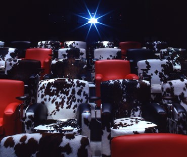 A view of the cinema at The Soho Hotel. The chairs are upholstered in an alternating Ferrari red leather and black and white cow hide with the view looking up towards the screening room.