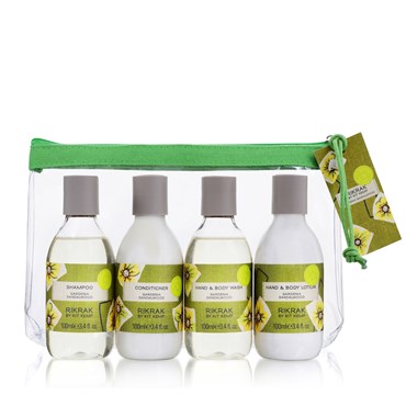 4 100ml plastic bottles of shampoo, conditioner, hand and body wash, hand and body lotion in the scent gardenia sandalwood. The travel kit is presented in a clear plastic pouch with zipper. Label has a green friendly flowers design applied.