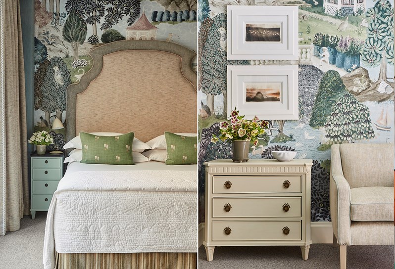 A double bed with a cream statement headboard is set against a wall with a hand painted wallpaper depicting green rolling hills with trees and creatures.