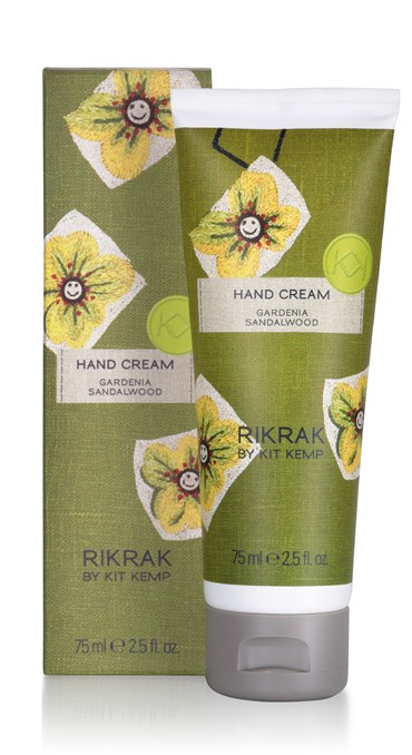 Packaging box and tube with green friendly flowers design applied of RikRak Gardenia Sandalwood hand cream 75ml