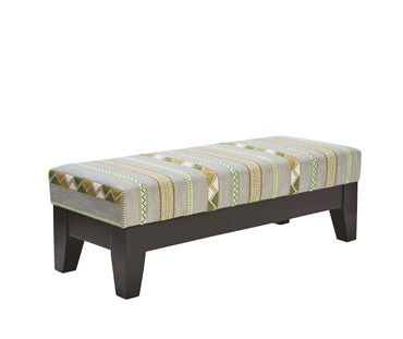 Side view of end of Bed Stool in Kit Kemp Ribbon Weave Aqua with wenge timber legs