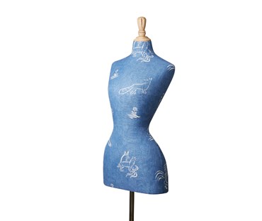 Side view of Mannequin bust with Friendly Folk Happy Blue fabric