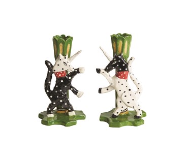 Front view of Unicorn candle holder pair which have a clay base and are individually handmade and decorated