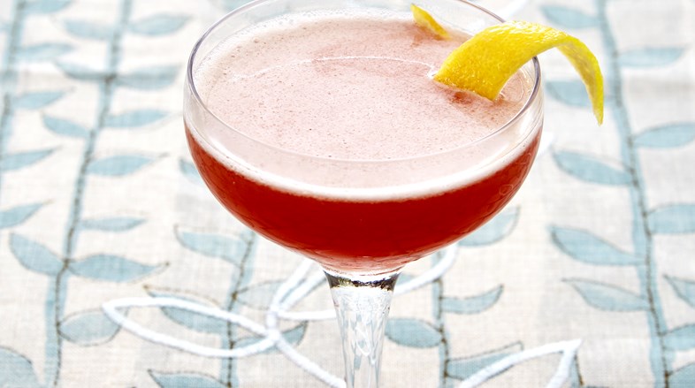red cocktail on Kit Kemp fabric
