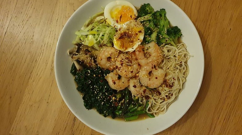 Prawn ramen in a white bowl