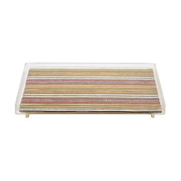 Side on image of our beautifully designed acrylic tray. Kit Kemp fabric is sandwiched between the acrylic to create a perfect colour and design statement.