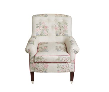 Leo Armchair in Hedgerow Cerise, Kit Kemp Andrew Martin Fabric - front view.