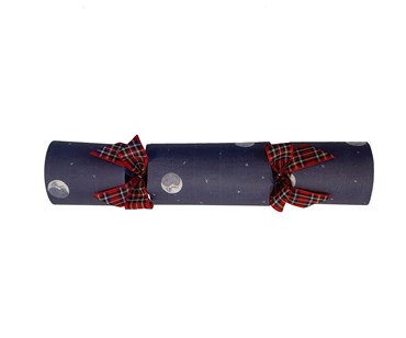 Single Cracker - in Navy Over the moon fabric with a red Tartan Ribbon