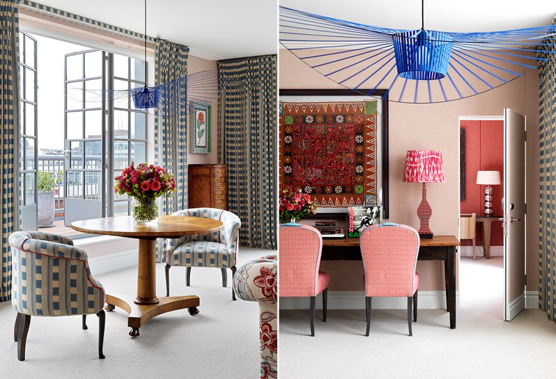 A split screen showing a table and chairs by open balcony doors on the left and a bedroom dressing table on the right.