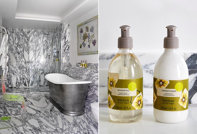 A split screen with a bathroom that features a shower and roll-top bath on the left and RIKRAK shampoo and conditioner bottles on the right