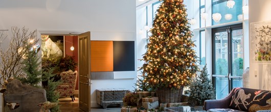 A Christmas Tree in the lobby at Crosby Street Hotel